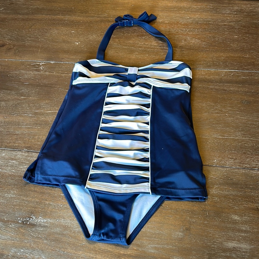New Janie and Jack Dark Blue with White Stripe One -Piece Swimsuit